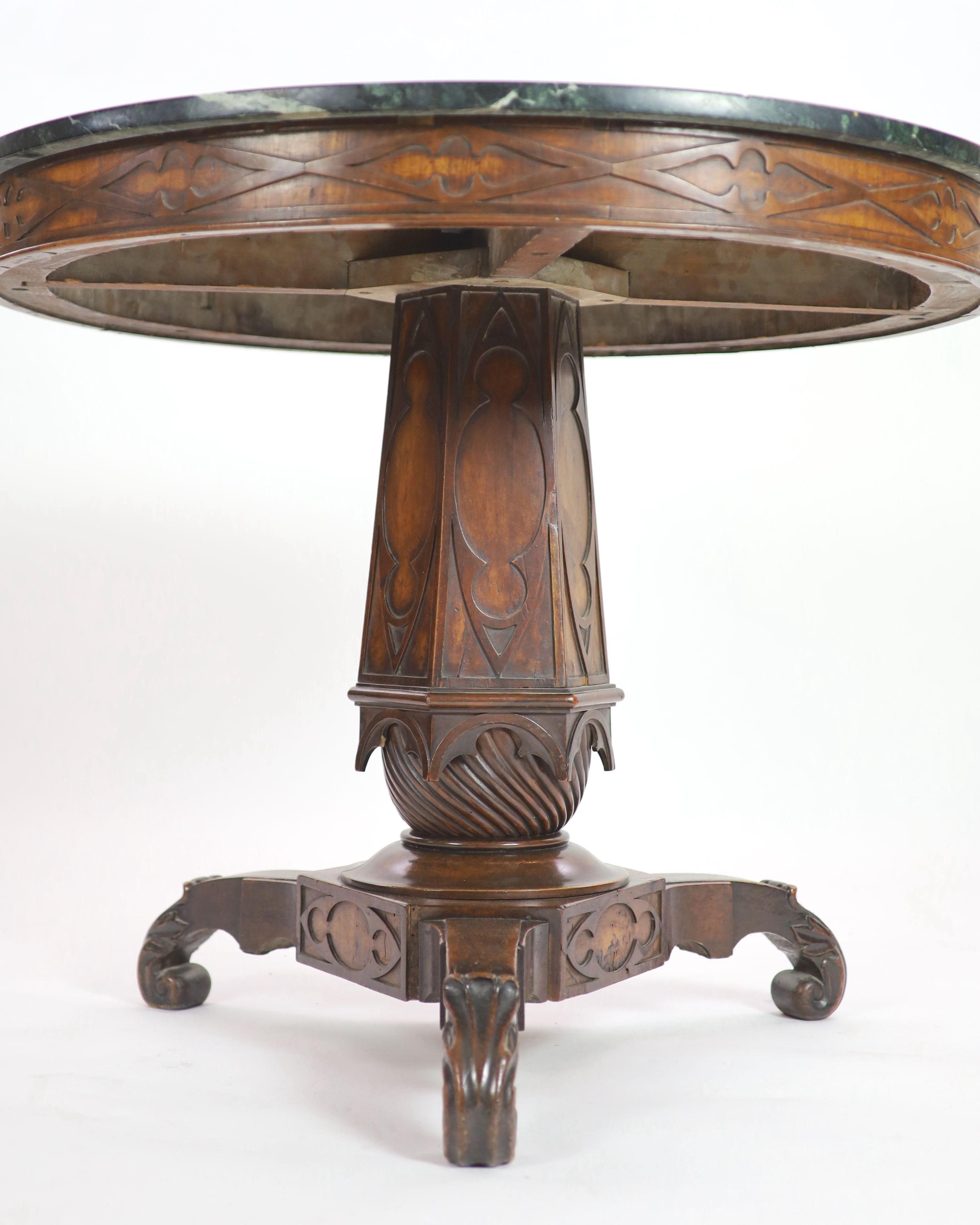 A mid 19th century German mahogany Gothic design centre table, Diam.97cm H.79cm